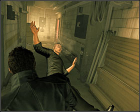 Open the door, turn right and then left #1, choosing the stairs leading to the basement - (7) Discovering van Bruggens whereabouts - Hunting the Hacker - Deus Ex: Human Revolution Game Guide
