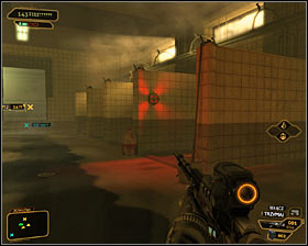 Dont think that going past the guards and the turret solved all of your problems, because its not safe in the southern area of the room #1 - (11) Travelling through the locker room area - Hunting the Hacker - Deus Ex: Human Revolution Game Guide