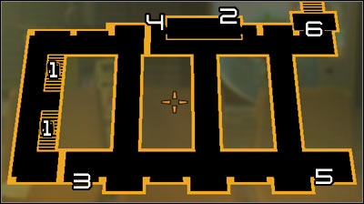Map legend: 1 - Stairs leading to the cryo-sterilization room; 2 - Exit from the first shaft; 3 - Entrance to the second shaft; 4 - Exit from the second shaft; 5 - Terminal which controls laser beams; 6 - Passageway leading to the next area - (4) Peaceful solution: Travelling through the cryo-sterilization room - Searching for Proof - Deus Ex: Human Revolution Game Guide