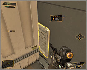 Wait for a right moment to make a move and cross a large bridge #1 in order to reach the southern section of the room - (4) Peaceful solution: Travelling through the cryo-sterilization room - Searching for Proof - Deus Ex: Human Revolution Game Guide