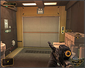 Proceed towards the northern door #1 and it shouldnt take long for you to find an elevator #2 - (5) Reaching the first elevator - Searching for Proof - Deus Ex: Human Revolution Game Guide