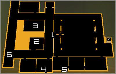 Map legend: 1 - Main entrance to the laboratory; 2 - Vent in the southern storage area; 3 - Access card; 4 - Entrance to the shaft; 5 - Exit from the shaft; 6 - Upper balcony - (7) Peaceful solution: Travelling through the laboratories - Searching for Proof - Deus Ex: Human Revolution Game Guide