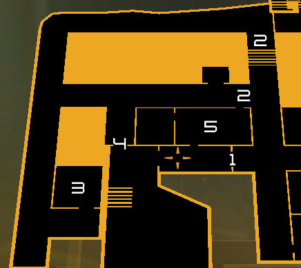 Map legend: 1 - Main entrance guarded by a soldier; 2 - Laser beams; 3 - Southern storage area (vent and a destroyable wall); 4 - Door leading to the laser room; 5 - Guard post - (8) Peaceful solution: Reaching the Data Core - Searching for Proof - Deus Ex: Human Revolution Game Guide