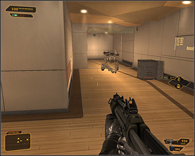 Aside from human guards youll also have to deal with a robot patrolling this floor (screen above) - (8) Aggressive solution: Reaching the Data Core - Searching for Proof - Deus Ex: Human Revolution Game Guide