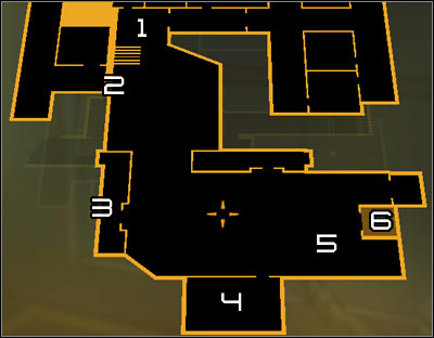 Map legend: 1 - Start; 2 - Alternative start (exit from the shaft); 3 - Entrance to a new shaft; 4 - Guard post; 5 - Terminal which controls laser beams; 6 - Elevator - (9) Heading through the laser room - Searching for Proof - Deus Ex: Human Revolution Game Guide