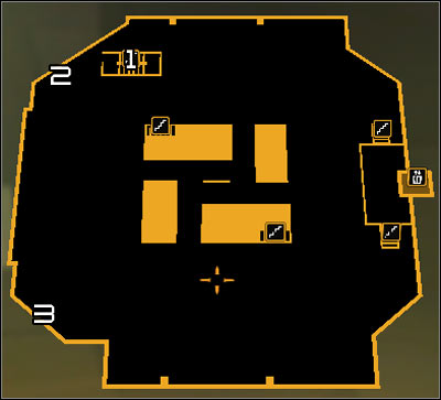 Map legend: 1 - Stairs leading to upper balconies; 2 - Northern control room; 3 - Southern control room - (5) Peaceful solution: Opening the hangar door - Entering the Dragons Lair - Deus Ex: Human Revolution Game Guide