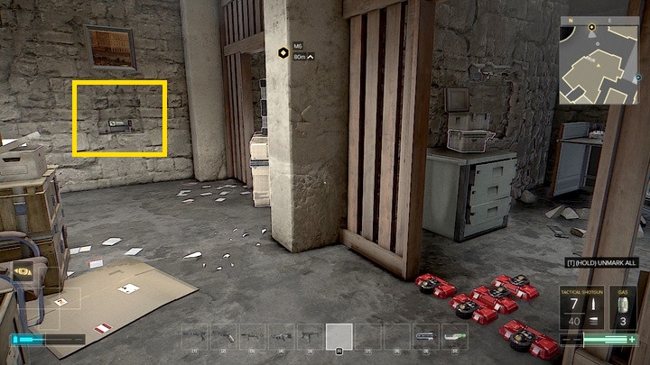 The terminal that deactivates the mines can be found behind the painting. You can get inside only by breaking through the wall from the neighboring room. - Map of the northern part of Prague - M3 - Maps - Deus Ex: Mankind Divided Game Guide