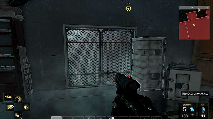 If you plan on using the elevator, you need to move the large box to uncover a switch. - G.A.R.M. - main quest - G.A.R.M. Facility | Quests and maps - Deus Ex: Mankind Divided Game Guide