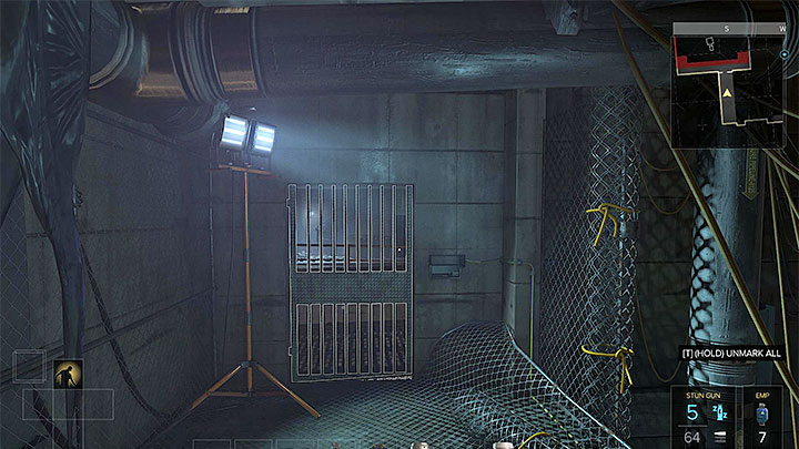 The alternative way to get through the room with the defensive turret is to reach the closed gate on level three, visible on the attached screenshot (M6,17) - Neon Nights - side quest - Side quests - Deus Ex: Mankind Divided Game Guide