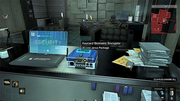 Once you enter the CEO office (M12,1), find the Keycard Biometric Encryptor that was shown on the attached screenshot, and interact with it - The Heist - main quest - Main quests - Deus Ex: Mankind Divided Game Guide