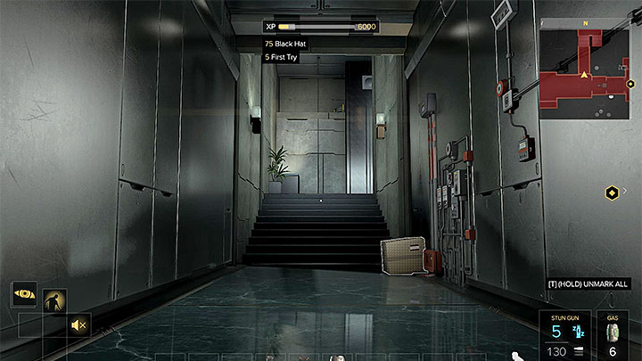 Behind the door, there is a corridor ending with the stairs leading to level two - The Heist - main quest - Main quests - Deus Ex: Mankind Divided Game Guide