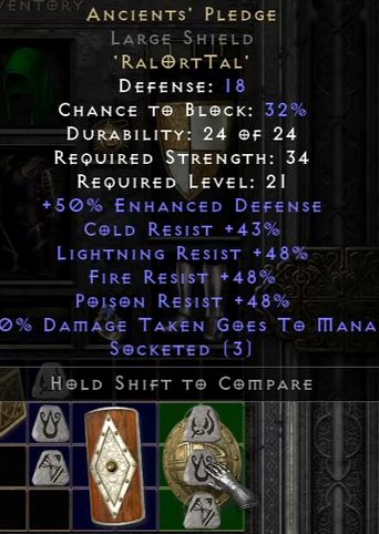 Sample shield with the runic word ancient's pledge. - Diablo 2 Resurrected: Runic words - Armor - Runes - Diablo 2 Resurrected Guide