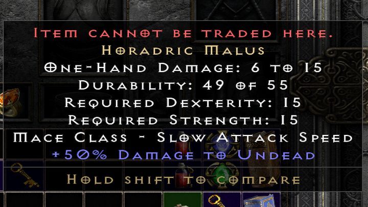 Horadric Malus stats - you can use it as a weapon if the stats work for you. - Diablo 2 Resurrected: Tools of the Trade - walkthrough - Act 1 - Diablo 2 Resurrected Guide