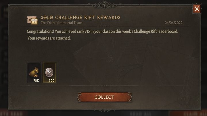 The weekly reward for your ranking position will be delivered to you at the beginning of the new week (Monday) via in-game mail - Diablo Immortal: Challenge Rift - Activities - Diablo Immortal Guide