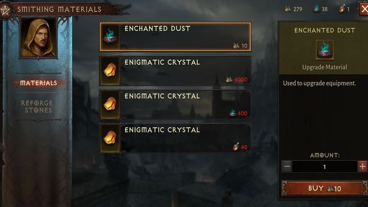 The trader next to the blacksmith in Westmarch lets you exchange Salvage for Enchanted Dust or Salvage/Dust for Enigmatic Crystal - Diablo Immortal: Crafting materials - Crafting and equipping - Diablo Immortal Guide