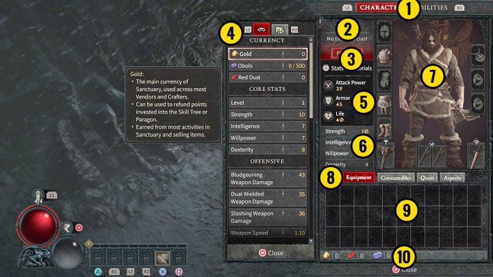1) Upper tabs - Diablo 4: Interface - Diablo 4: Basics - Diablo 4 Guide