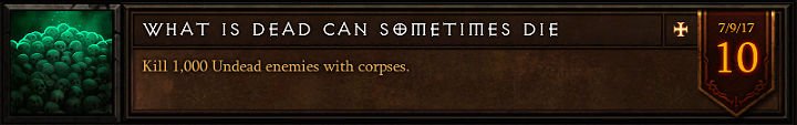 The first achievement that tests your endurance - your task is to kill 1000 undead opponents using corpse skills such as the Corpse Explosion - How to get TragOuls Wings? | Crafting - Crafting - Diablo III: Reaper of Souls Game Guide