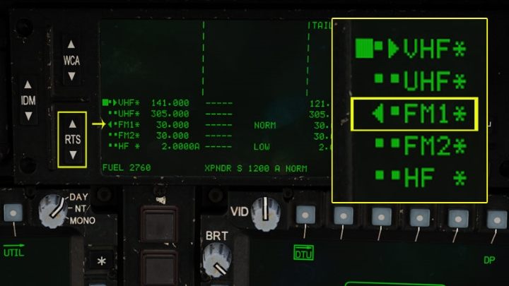 Use the RTS switch or the button on the cyclic RTS Depress to switch between different radios - DCS AH-64D Apache: Radio Communication - how to use radios? - Systems and Sensors - DCS AH-64 Apache Guide