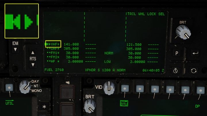 An active radio always has an arrowhead icon pointing to the left - DCS AH-64D Apache: Radio Communication - how to use radios? - Systems and Sensors - DCS AH-64 Apache Guide