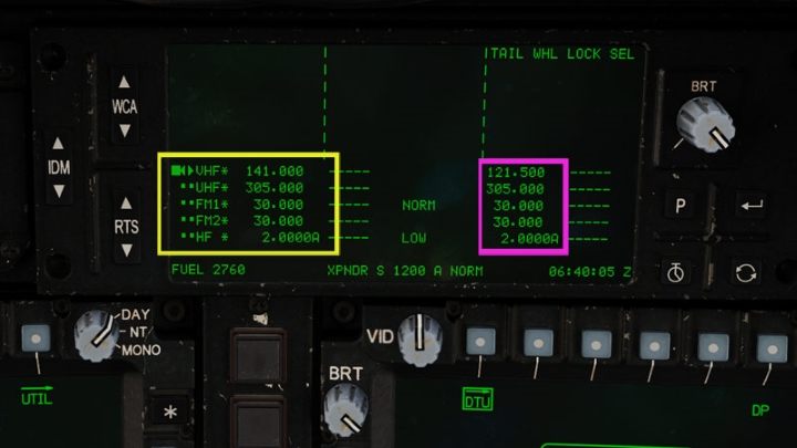 The EUFD (Enhanced Up-Front Display) display always shows the current frequencies for each radio, and secondery / alternative frequencies next to them for a quick swap - DCS AH-64D Apache: Radio Communication - how to use radios? - Systems and Sensors - DCS AH-64 Apache Guide