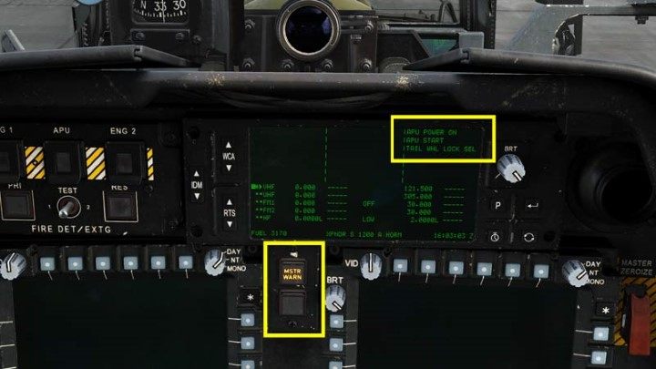 The message that the APU is on will also appear on the EUFD display - DCS AH-64D Apache: Cold Start - flight preparation - Flight and Navigation - DCS AH-64 Apache Guide