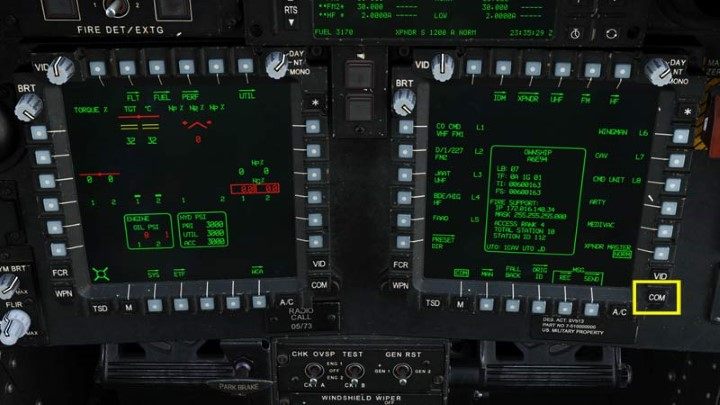 Press the COM hotkey to open the radio screen - DCS AH-64D Apache: Cold Start - flight preparation - Flight and Navigation - DCS AH-64 Apache Guide