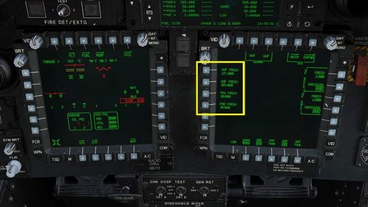 You can change the frequency for each radio: VHF, UHF, FM1, FM2 - DCS AH-64D Apache: Cold Start - flight preparation - Flight and Navigation - DCS AH-64 Apache Guide