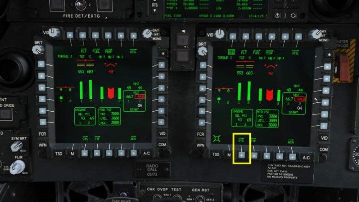 Select the SYS function - DCS AH-64D Apache: Cold Start - flight preparation - Flight and Navigation - DCS AH-64 Apache Guide