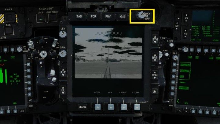 Turn on the TADS targeting system screen by turning the switch to DAY (or NT at night) - DCS AH-64D Apache: Cold Start - flight preparation - Flight and Navigation - DCS AH-64 Apache Guide
