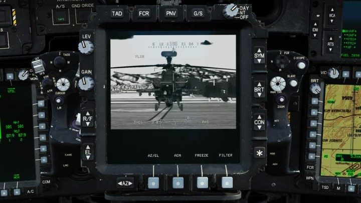 If necessary (you can see more clearly with the current weather conditions), switch FLIR mode from White Hot to Black Hot by pressing the FLIR POLARITY button on the right Hand Grip or the POLARITY button on the Collective lever - DCS AH-64D Apache: Cold Start - flight preparation - Flight and Navigation - DCS AH-64 Apache Guide