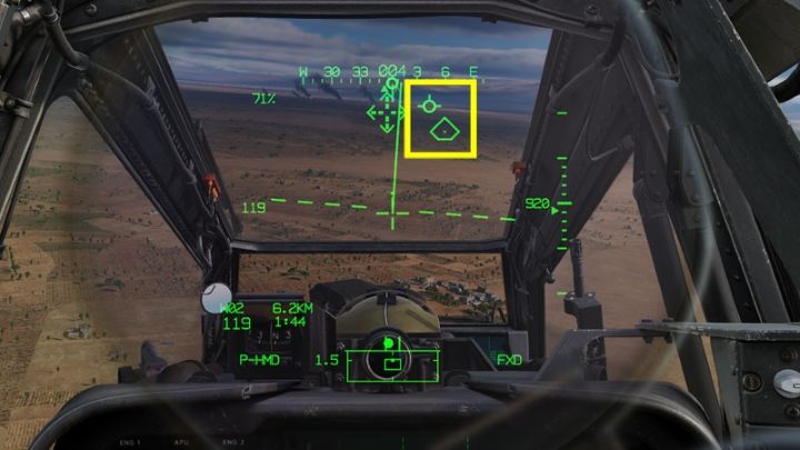 Aim the Flight Path Vector (FPV) at or above the "pyramid" to fly straight to the waypoint - DCS AH-64D Apache: Basic GPS Navigation and map points - Flight and Navigation - DCS AH-64 Apache Guide