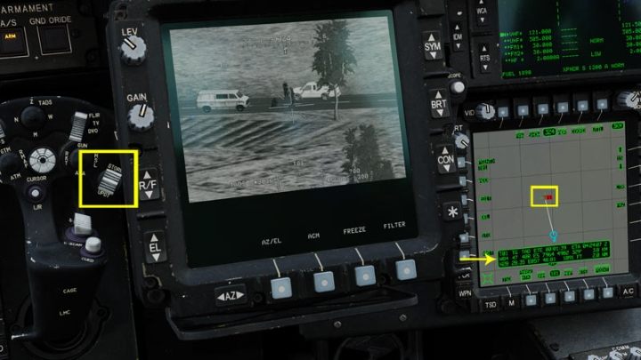 While holding the laser trigger, press the button on the left grip marked: LHG STORE / Update Switch - STORE - DCS AH-64D Apache: Basic GPS Navigation and map points - Flight and Navigation - DCS AH-64 Apache Guide