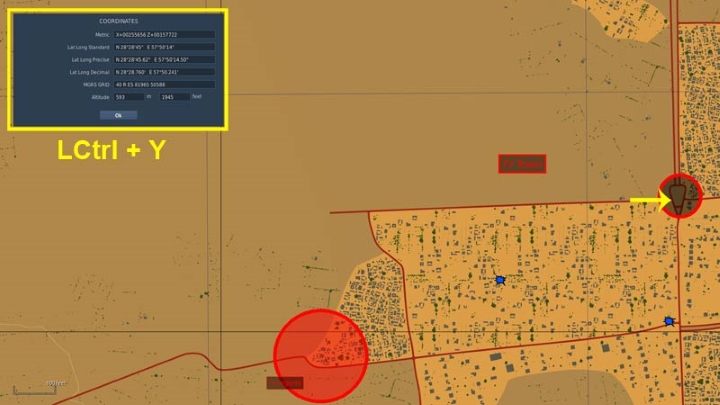 When creating a mission in the mission editor, the coordinates of a point in all formats can be displayed by zooming in the view, placing the cursor on the desired location and pressing LCtrl + Y - DCS AH-64D Apache: Basic GPS Navigation and map points - Flight and Navigation - DCS AH-64 Apache Guide
