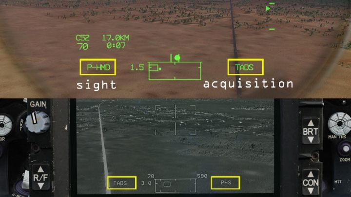The selected sight and acquisition sources can always be seen on the IHADSS and the TADS display - DCS AH-64D Apache: Sight Source and Acquisition Source - Systems and Sensors - DCS AH-64 Apache Guide
