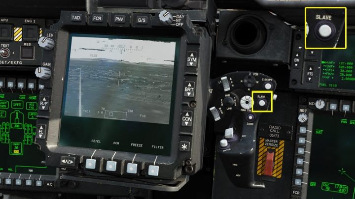 When you operate as CPG, the SLAVE button on the right TEDAC hand grip plays an extremely important role while working with sight and acquisition sources - DCS AH-64D Apache: Sight Source and Acquisition Source - Systems and Sensors - DCS AH-64 Apache Guide
