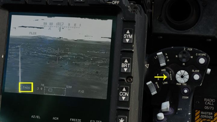 Select TADS as the active sight by pressing Sight Select Switch Right - TADS - DCS AH-64D Apache: Sight Source and Acquisition Source - Systems and Sensors - DCS AH-64 Apache Guide