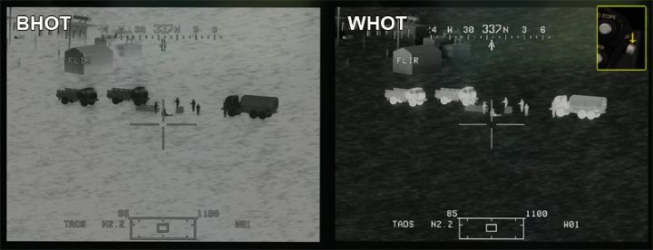 Separate settings will be necessary for the different polarities of the FLIR infrared camera (BHot, WHot) - TADS - Target Acquisition and Designation Sight - Systems and Sensors - DCS AH-64 Apache Guide