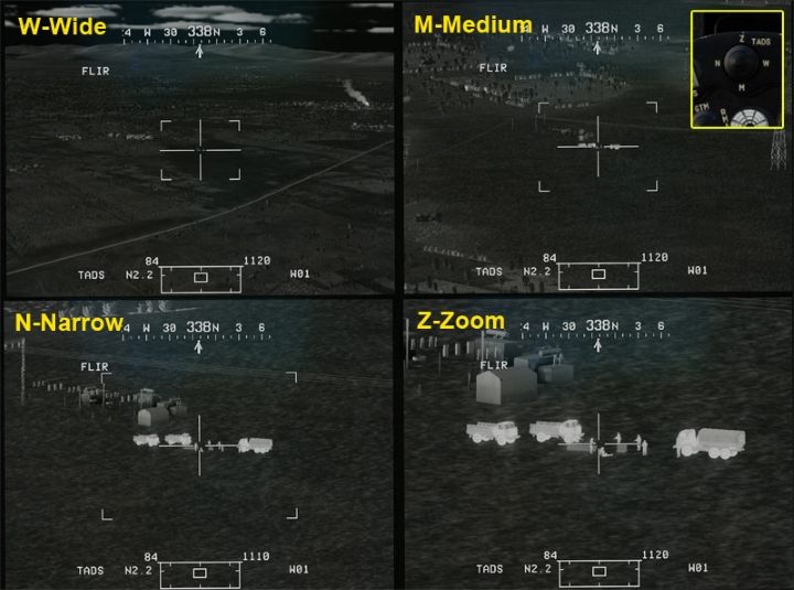The image can also be zoomed in step by step (without smooth zoom adjustment) in 3 or 4 FOV ranges (Field of View), depending on the selected camera - TADS - Target Acquisition and Designation Sight - Systems and Sensors - DCS AH-64 Apache Guide