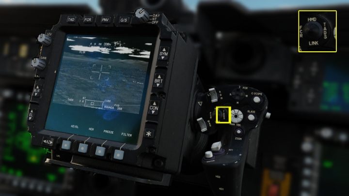 By pressing the Sight Select Right button on the RHG, select TADS as the active sight - TADS - Target Acquisition and Designation Sight - Systems and Sensors - DCS AH-64 Apache Guide