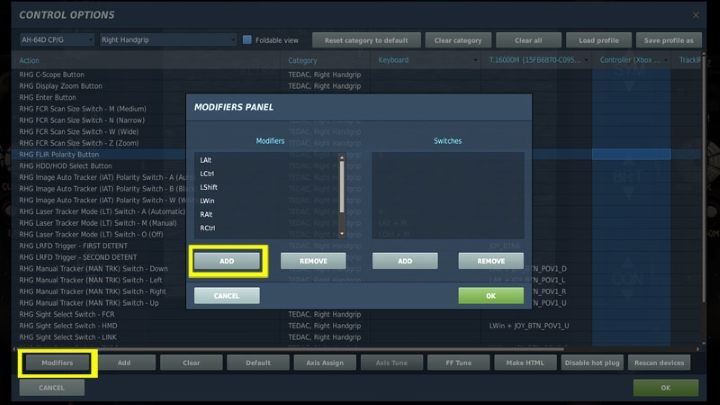 Select the control settings and enter the MODIFIERS option - TADS - Target Acquisition and Designation Sight - Systems and Sensors - DCS AH-64 Apache Guide