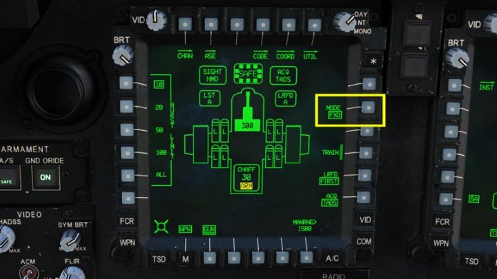 Select the gun operating mode: NORM - normal - the gun aims automatically where the crosshair is looking or FXD - fixed - the gun is set to a fixed point in front of the helicopter, calibrated at a distance of 1575 meters - DCS AH-64D Apache: M230 30mm Chain Gun AWS - Weapons Employment - DCS AH-64 Apache Guide