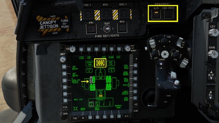Arm weapons by pressing ARMAMENT A / S and ARM highlighted - DCS AH-64D Apache: AGM-114K Hellfire II Missile - Weapons Employment - DCS AH-64 Apache Guide