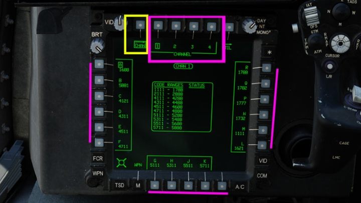 The CHAN (channel) function allows you to assign specific letter codes for four channels: Primary 1 (PRI), Backup 2 (ALT), and Channels 3 and 4 - DCS AH-64D Apache: AGM-114K Hellfire II Missile - Weapons Employment - DCS AH-64 Apache Guide