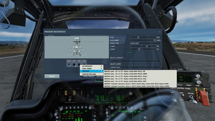 Alternatively, the loadout can be changed while in a mission and with the helicopter on a landing spot - DCS AH-64D Apache: 2.75 Unguided Rockets Hydra-70 - Weapons Employment - DCS AH-64 Apache Guide