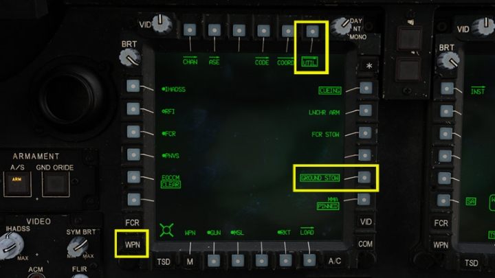 Pylon Articulation can be disabled in the UTIL section of the WPN weapon page by enabling the GROUND STOW function - DCS AH-64D Apache: 2.75 Unguided Rockets Hydra-70 - Weapons Employment - DCS AH-64 Apache Guide