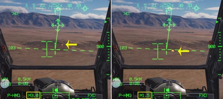 The importance of a proper ranging setting can be seen in the picture above: the LOS Reticle sight and the I-Beam are in the same position, aimed at the same point on the ground, from a stationary helicopter, and they give a completely different hit point when calibrated at 1 - DCS AH-64D Apache: 2.75 Unguided Rockets Hydra-70 - Weapons Employment - DCS AH-64 Apache Guide