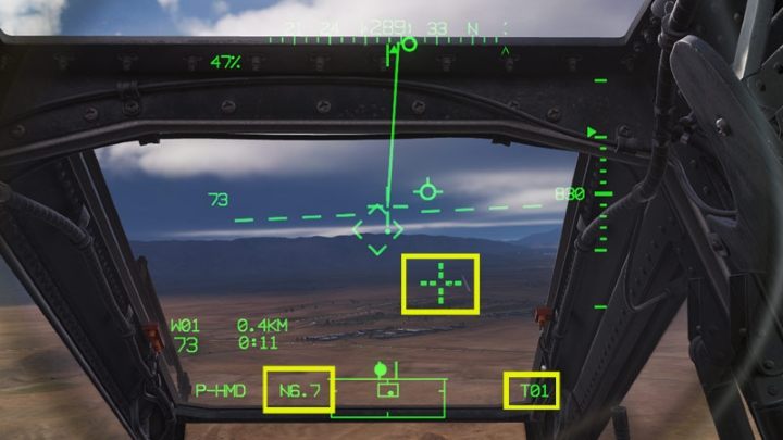 The Cued LOS Reticle with the dashed line shows the location of the created point - DCS AH-64D Apache: 2.75 Unguided Rockets Hydra-70 - Weapons Employment - DCS AH-64 Apache Guide