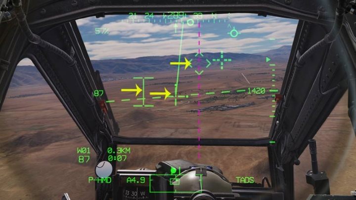 Fly the helicopter so the LOS Reticle overlaps the target, perfectly in line with the Head Tracker diamond and with the I-Beam Cursor - DCS AH-64D Apache: 2.75 Unguided Rockets Hydra-70 - Weapons Employment - DCS AH-64 Apache Guide