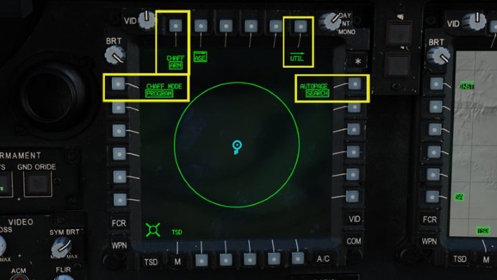 The ASE screen shows the helicopter symbol "ownship" in the center of the top view - DCS AH-64D Apache: ASE - Aircraft Survivability Equipment - Systems and Sensors - DCS AH-64 Apache Guide