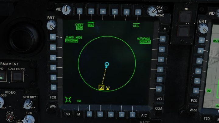 If an enemy radar locks our helicopter, a dashed line connecting ownship icon with the outlined threat symbol will appear - DCS AH-64D Apache: ASE - Aircraft Survivability Equipment - Systems and Sensors - DCS AH-64 Apache Guide